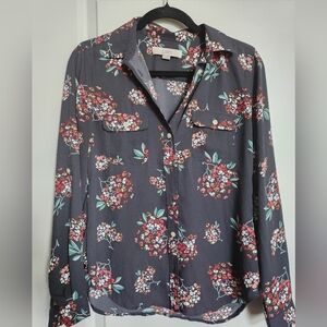 LOFT Dark Gray Floral Button-Up Blouse